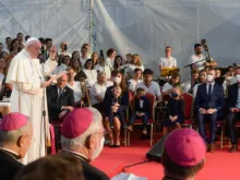 Pope Francis addresses young people at Lokomotiva Stadium in Košice, Slovakia, Sept. 14, 2021.